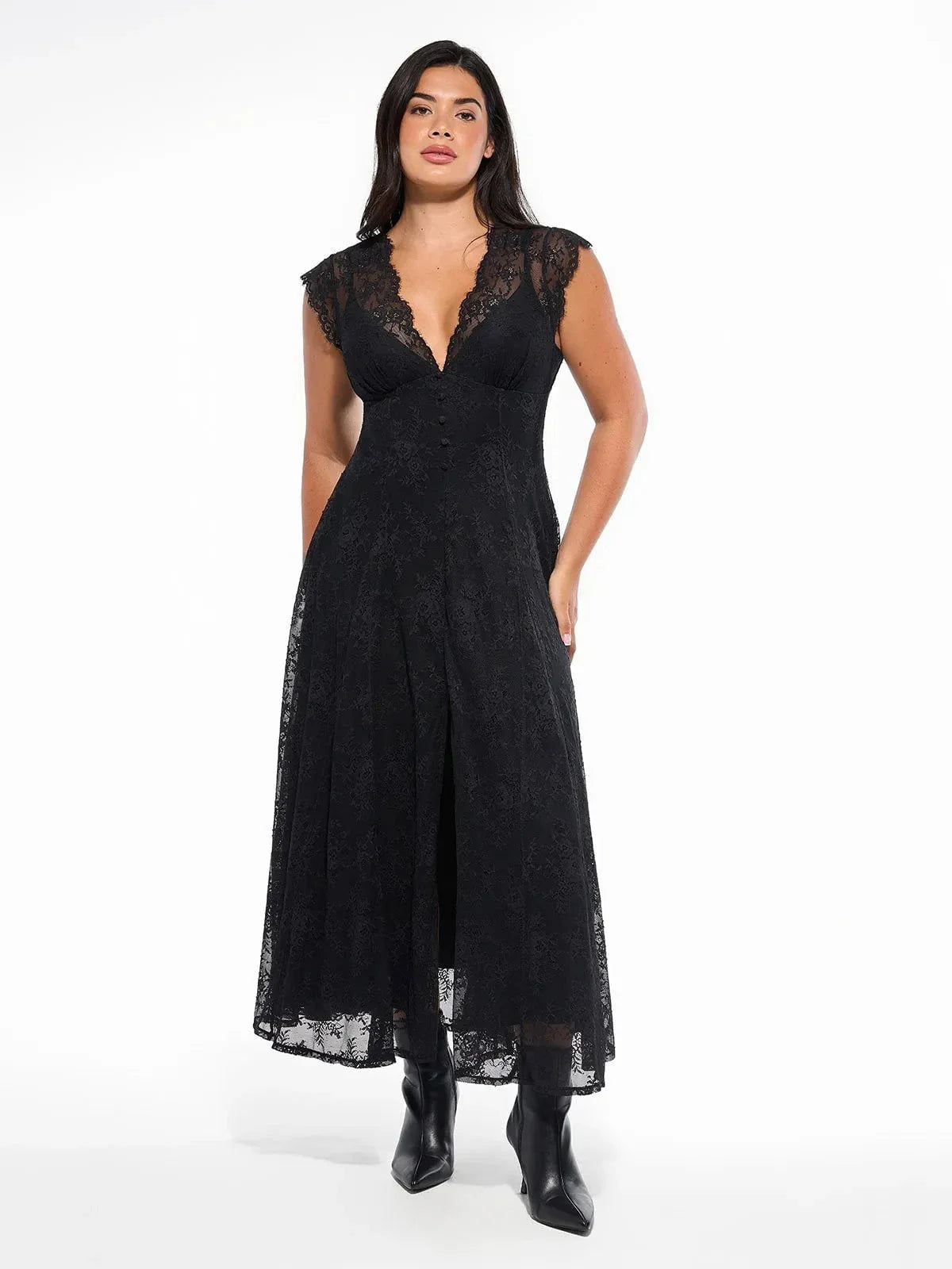 Robe Maxi en Dentelle Florale Boho avec Fente Frontale