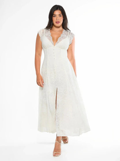 Robe Maxi en Dentelle Florale Boho avec Fente Frontale