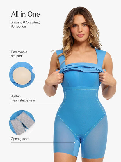 Robe Midi Sculptante à Encolure Carrée