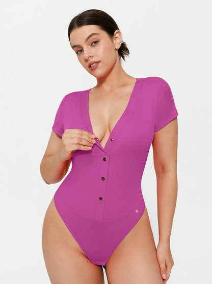 Body Sculptant à Encolure Profonde en V avec Boutons