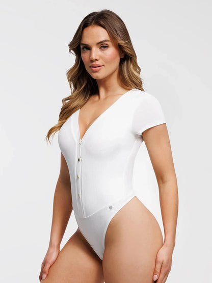 Body Sculptant à Encolure Profonde en V avec Boutons