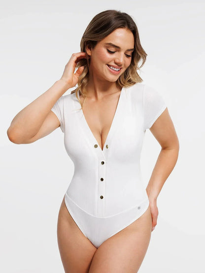Body Sculptant à Encolure Profonde en V avec Boutons