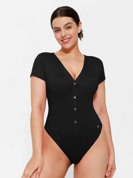 Body sculptant à décolleté en V profond et boutons à l'avant