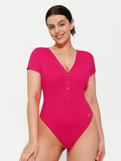 Body Sculptant à Encolure Profonde en V avec Boutons