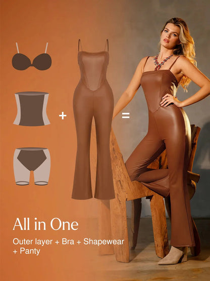 Combinaison Sculptante en Similicuir avec Corset