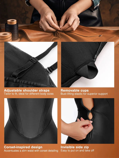 Combinaison Sculptante en Similicuir avec Corset