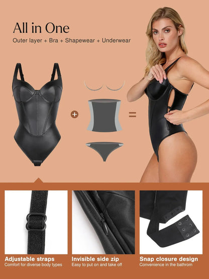 Body Sculptant en Cuir Synthétique à Taille de Sablier