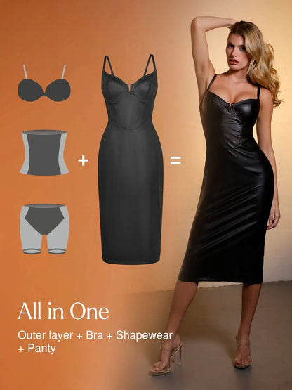 Robe Midi Corset en Similicuir à Taille Sablier