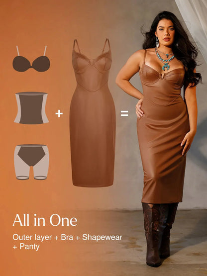 Robe Midi Corset Taille Sablier en Similicuir