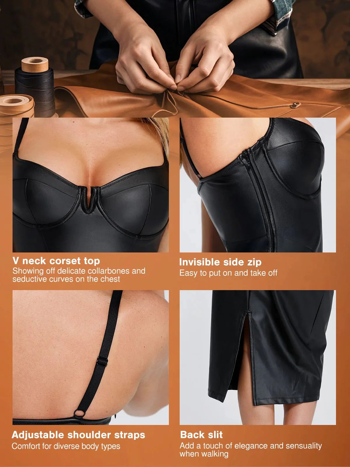 Robe Midi Corset en Similicuir à Taille Sablier