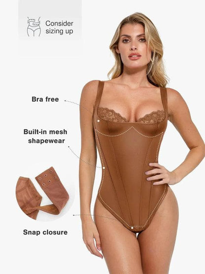Body Sculptant en Similicuir et Dentelle Balconnet