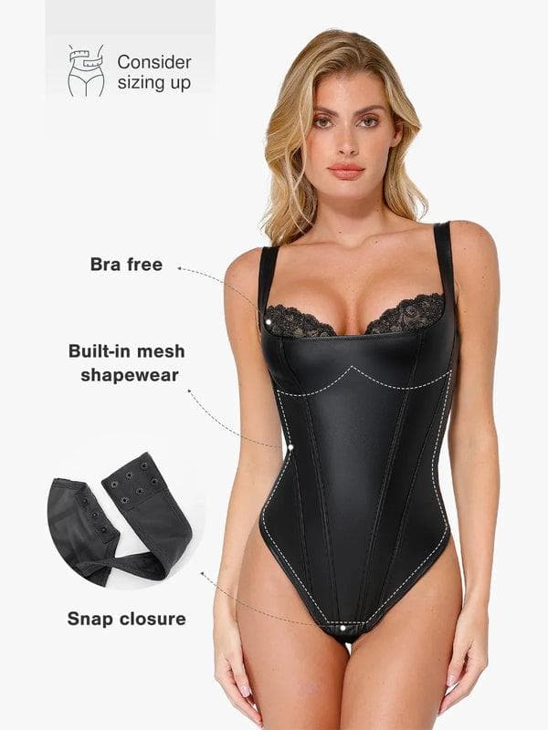 Body Sculptant en Similicuir et Dentelle Balconnet