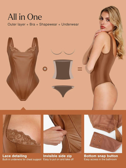 Body Sculptant en Similicuir et Dentelle Balconnet