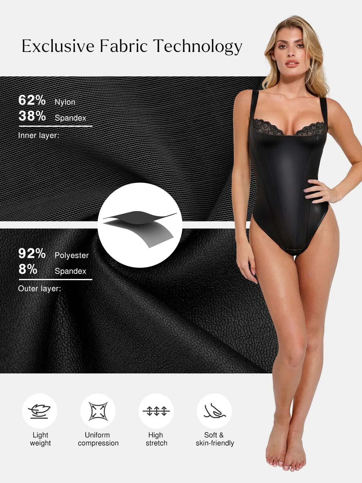 Body Sculptant Balconnet en Simili Cuir et Dentelle