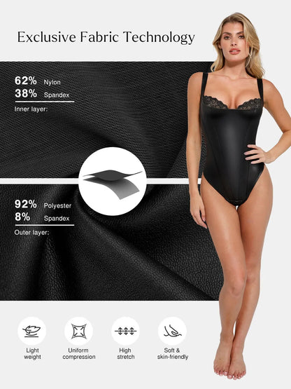 Body Sculptant Balconnet en Simili Cuir et Dentelle