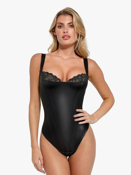Body sculptant en simili cuir et dentelle balconnet