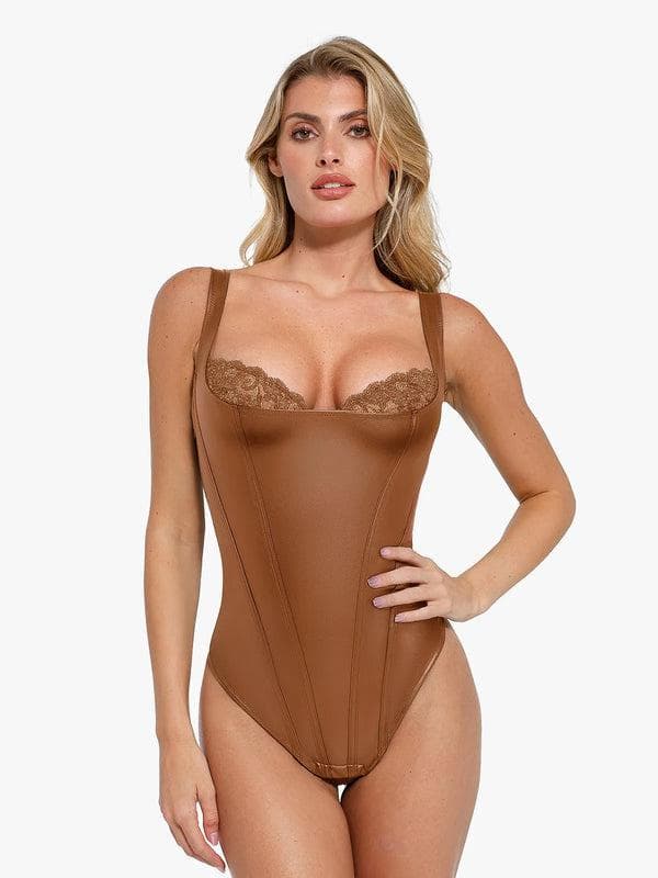 Body Sculptant en Similicuir et Dentelle Balconnet