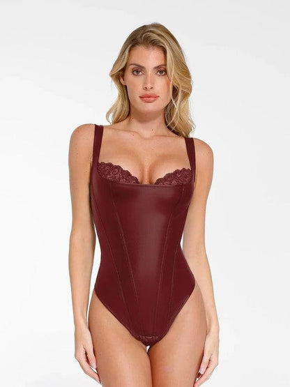 Body Sculptant Balconnet en Simili Cuir et Dentelle