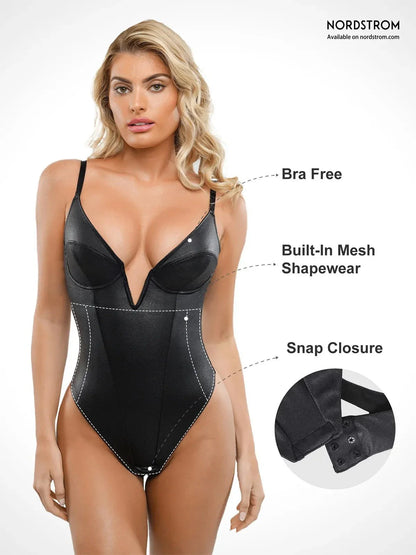 Shapewear Faux Leather Plunging V Sculpting Corset Bodysuit