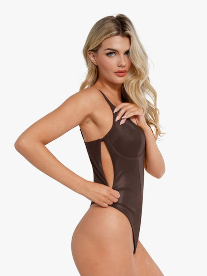 Body Shaping en Similicuir à Décolleté Plongeant en V