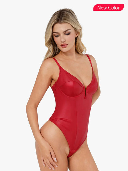 Body Shaping en Similicuir à Décolleté Plongeant en V