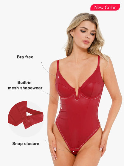 Body Shaping en Similicuir à Décolleté Plongeant en V