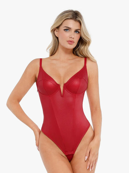 Body Shaping en Similicuir à Décolleté Plongeant en V