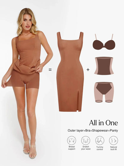 Robe Midi Sculptante à Fente en Faux Nubuck