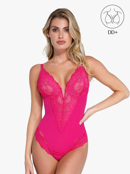 Body Sculptant Complet en Dentelle avec Décolleté Plongeant