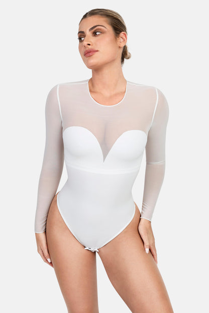 Body sculptant en maille illusion à manches longues avec contrôle du ventre