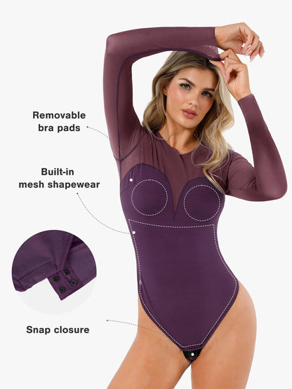 Body sculptant en maille illusion à manches longues avec contrôle du ventre