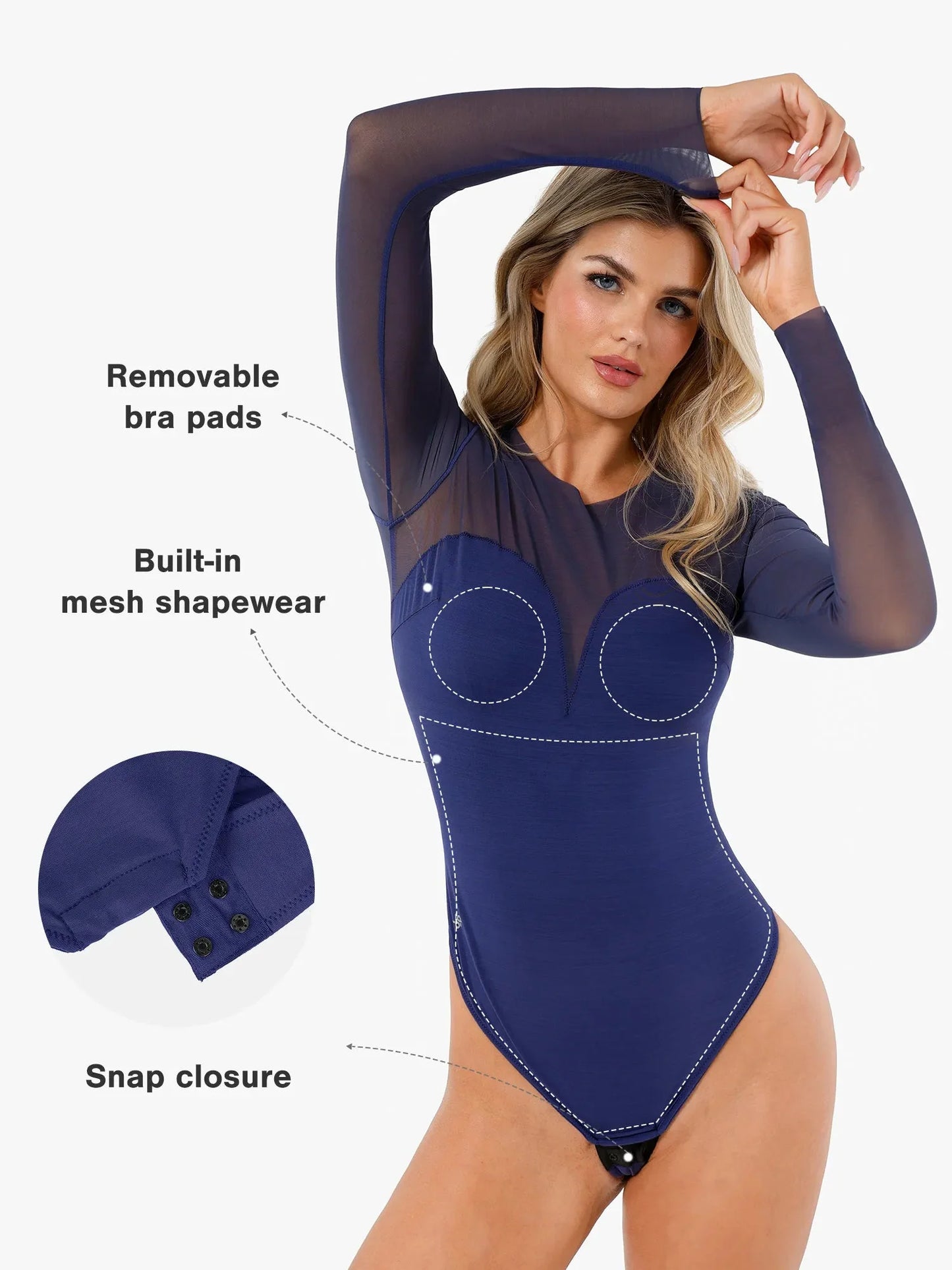 Body sculptant en maille illusion à manches longues avec contrôle du ventre