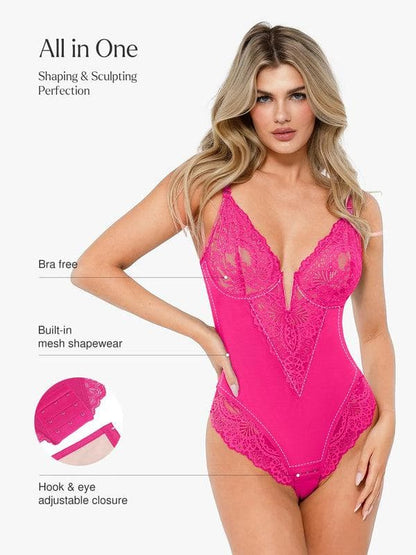 Shapewear Lace Deep V-Neck Sculpting Thong Bodysuit