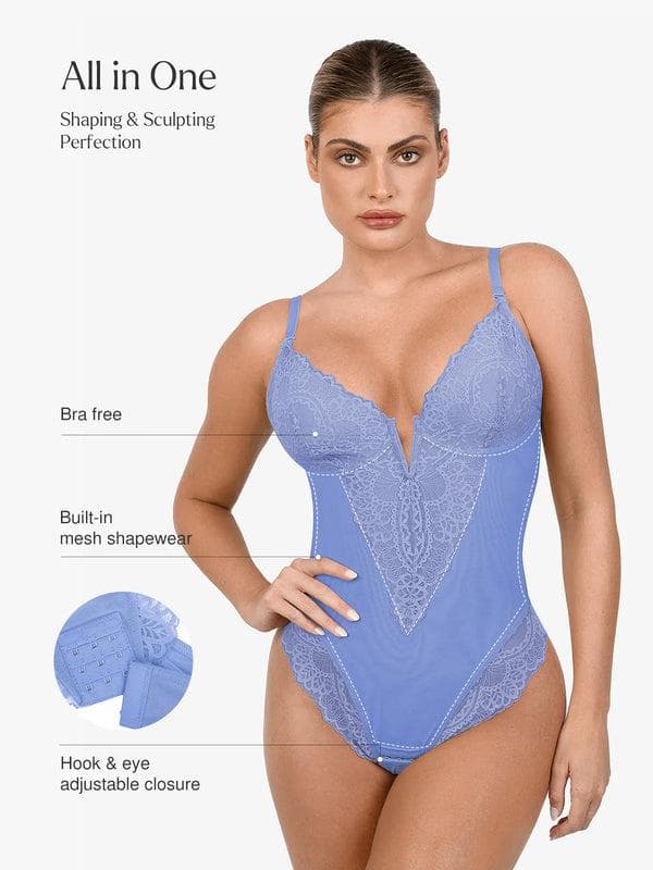 Shapewear Lace Deep V-Neck Sculpting Thong Bodysuit