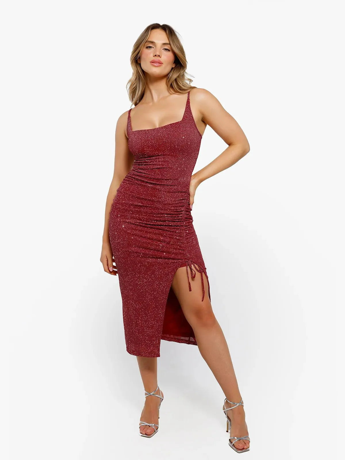 Robe Midi Sculptante en Tricot Métallique Shapewear Bodycon