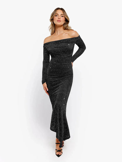 Robe Maxi Sirène Slim à Manches Longues en Maille Métallique Shapewear