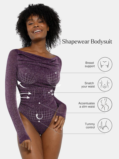 Body Sculptant en Tricot Métallique à Manches Longues