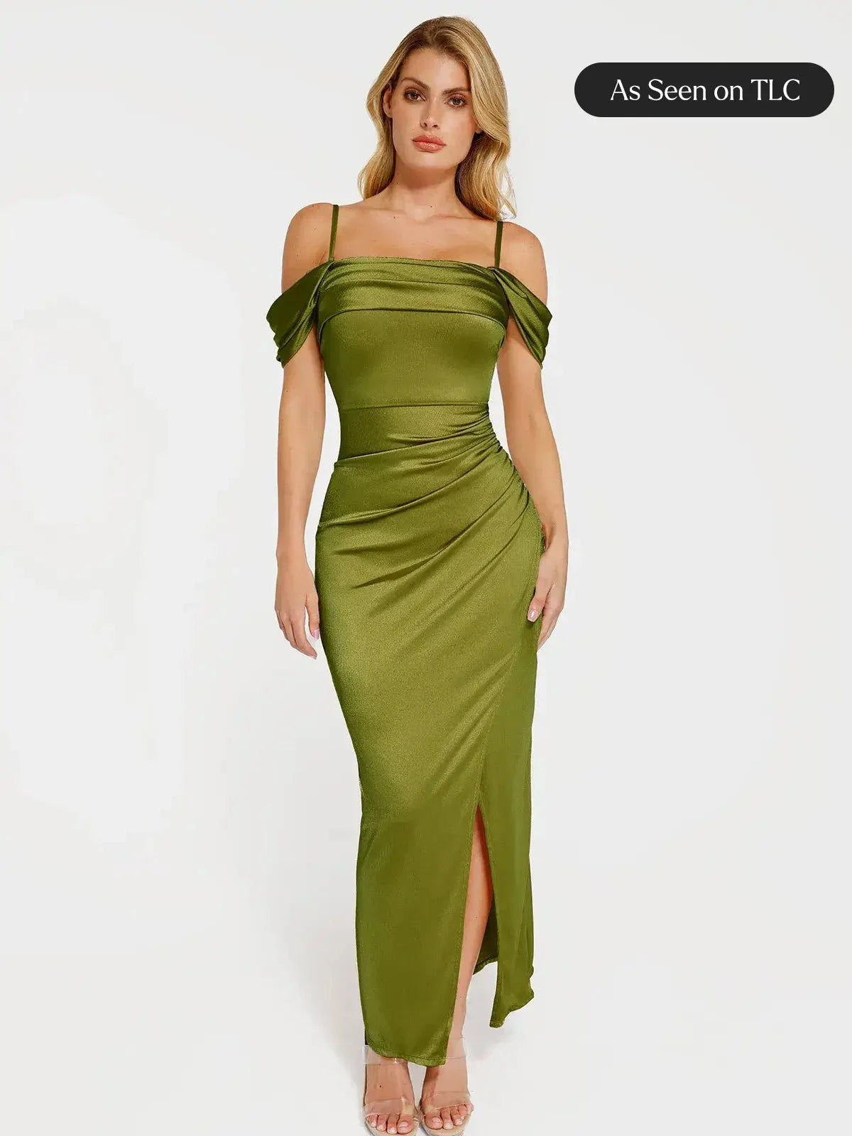 Robe Maxi Sculptante Drapée à Épaules Dégagées Shapewear