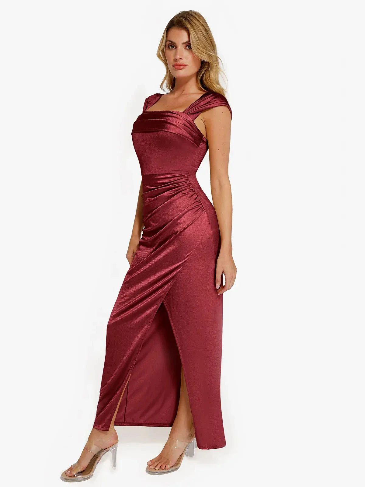 Robe Maxi Sculptante Drapée à Épaules Dégagées Shapewear