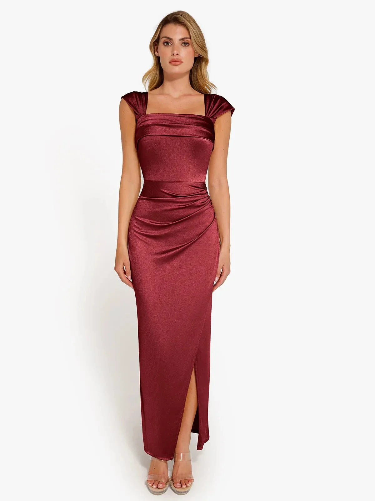 Robe Maxi Sculptante Drapée à Épaules Dégagées Shapewear