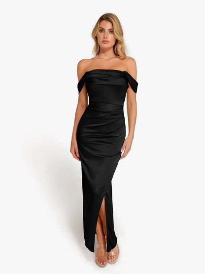 Robe Maxi Sculptante Drapée à Épaules Dégagées Shapewear