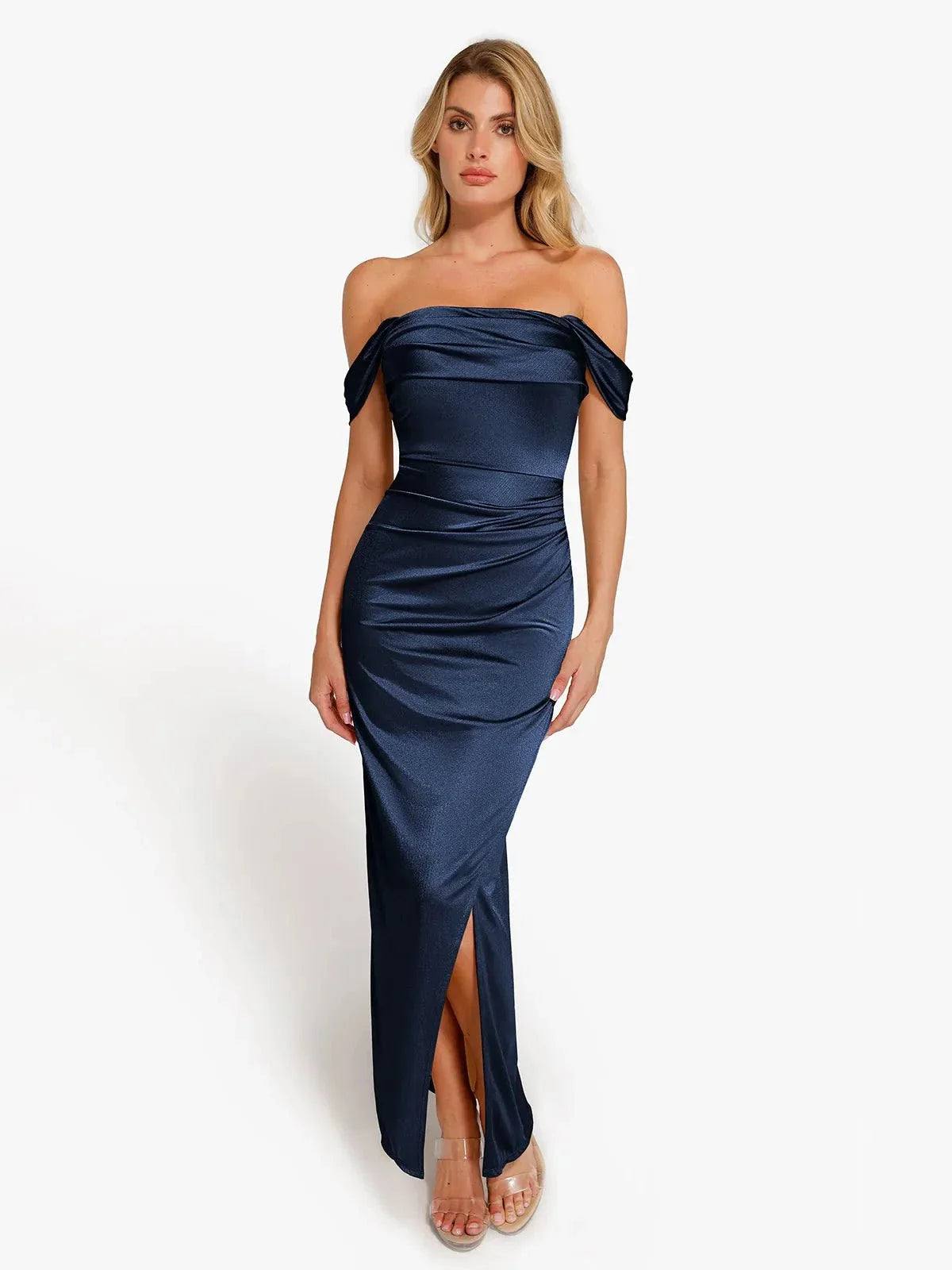 Robe Maxi Sculptante Drapée à Épaules Dégagées Shapewear