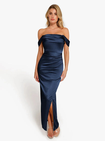 Robe Maxi Sculptante Drapée à Épaules Dégagées Shapewear
