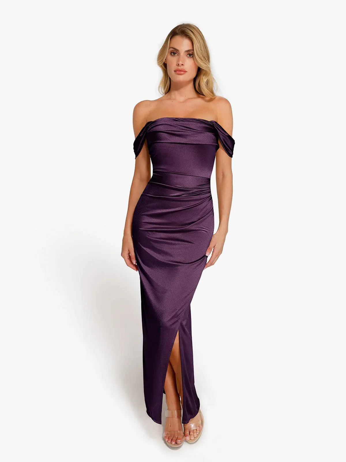 Robe Maxi Sculptante Drapée à Épaules Dégagées Shapewear