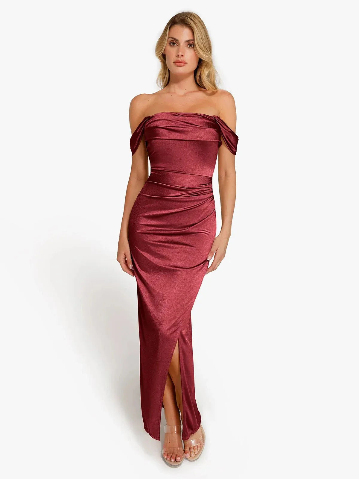 Robe Maxi Sculptante Drapée à Épaules Dégagées Shapewear