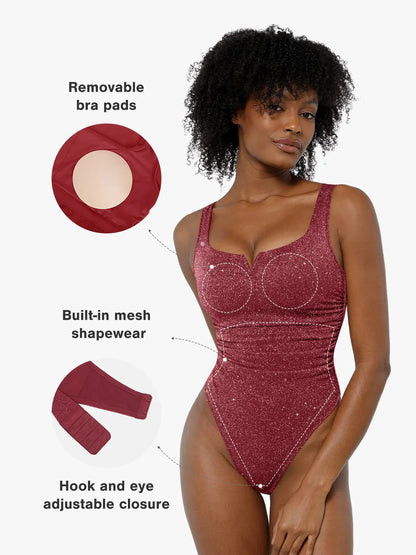 Body Sculptant à Col Carré en Tricot Métallisé Froncé