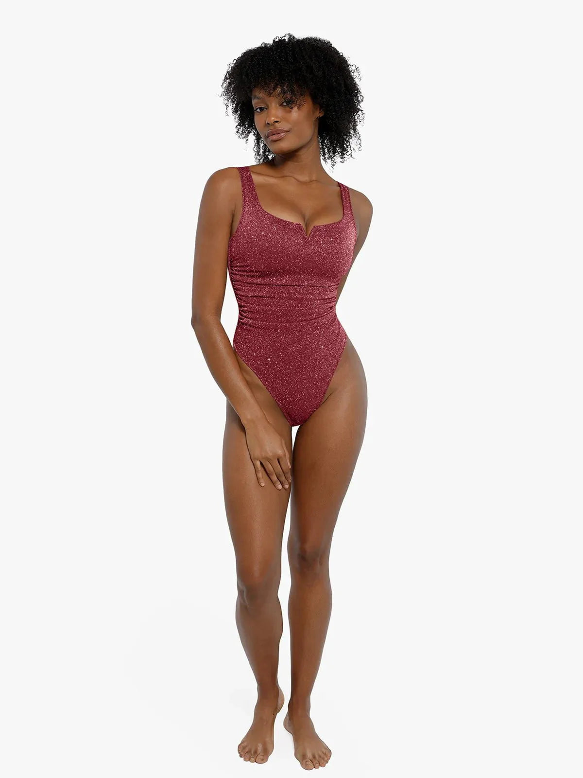 Shapewear Ruched Metallic Knit Square Neck Slimming Bodysuit