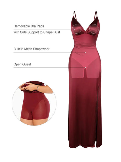 Robe Maxi Satinée à Décolleté Profond en V avec Fente Avant