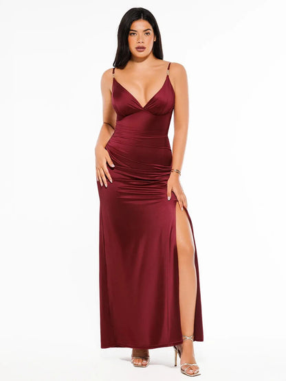 Robe Maxi Satinée à Décolleté Profond en V avec Fente Avant
