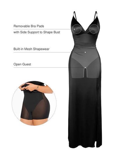 Robe Maxi Satinée à Décolleté Profond en V avec Fente Avant